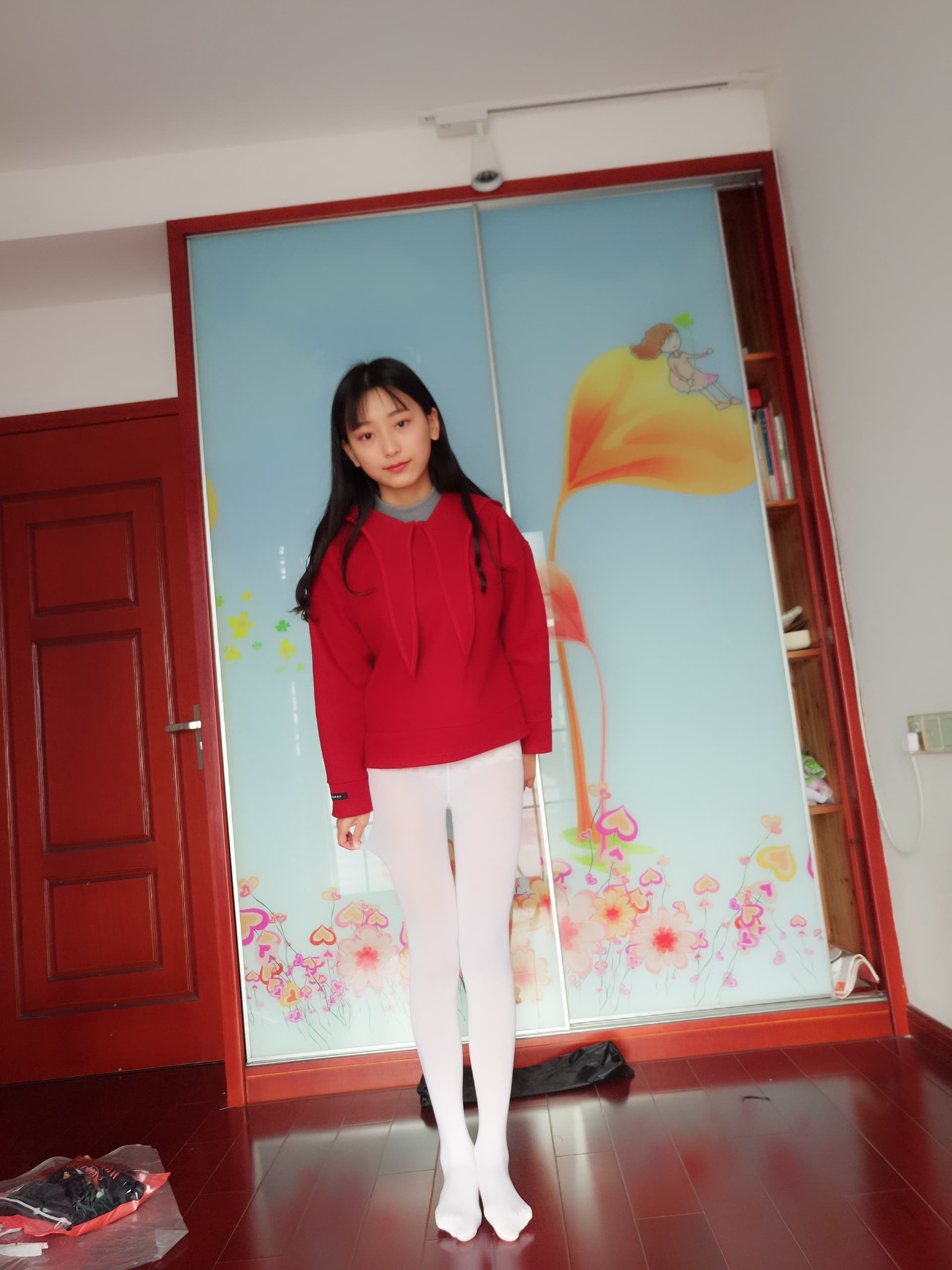 Red dress bed close-up