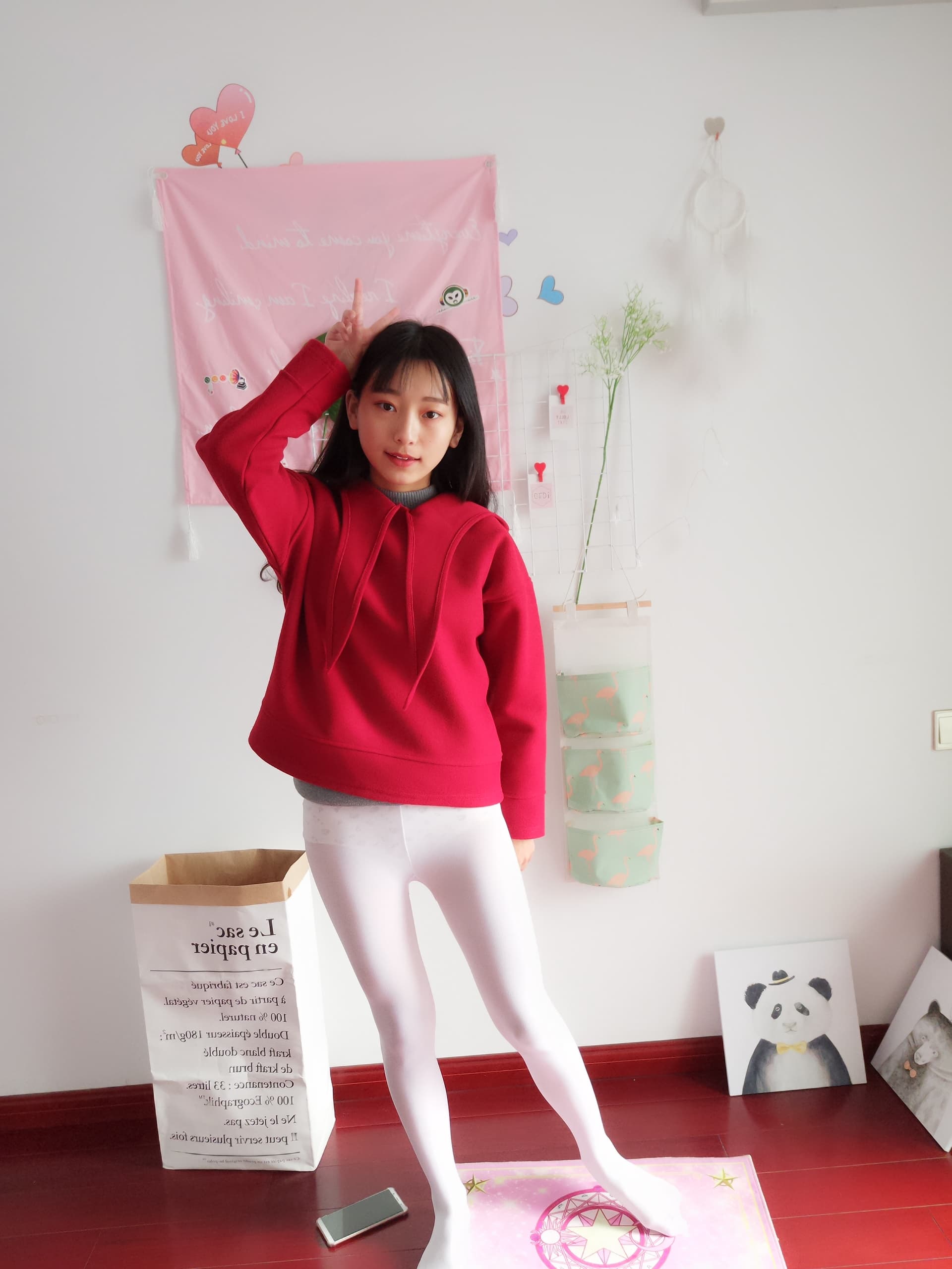 Red dress with white nylons