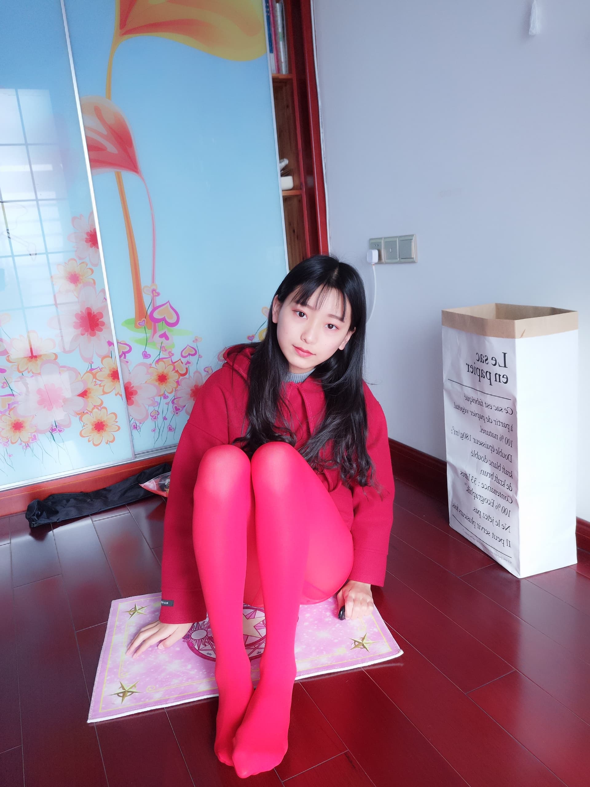 Crimson nylon on feet