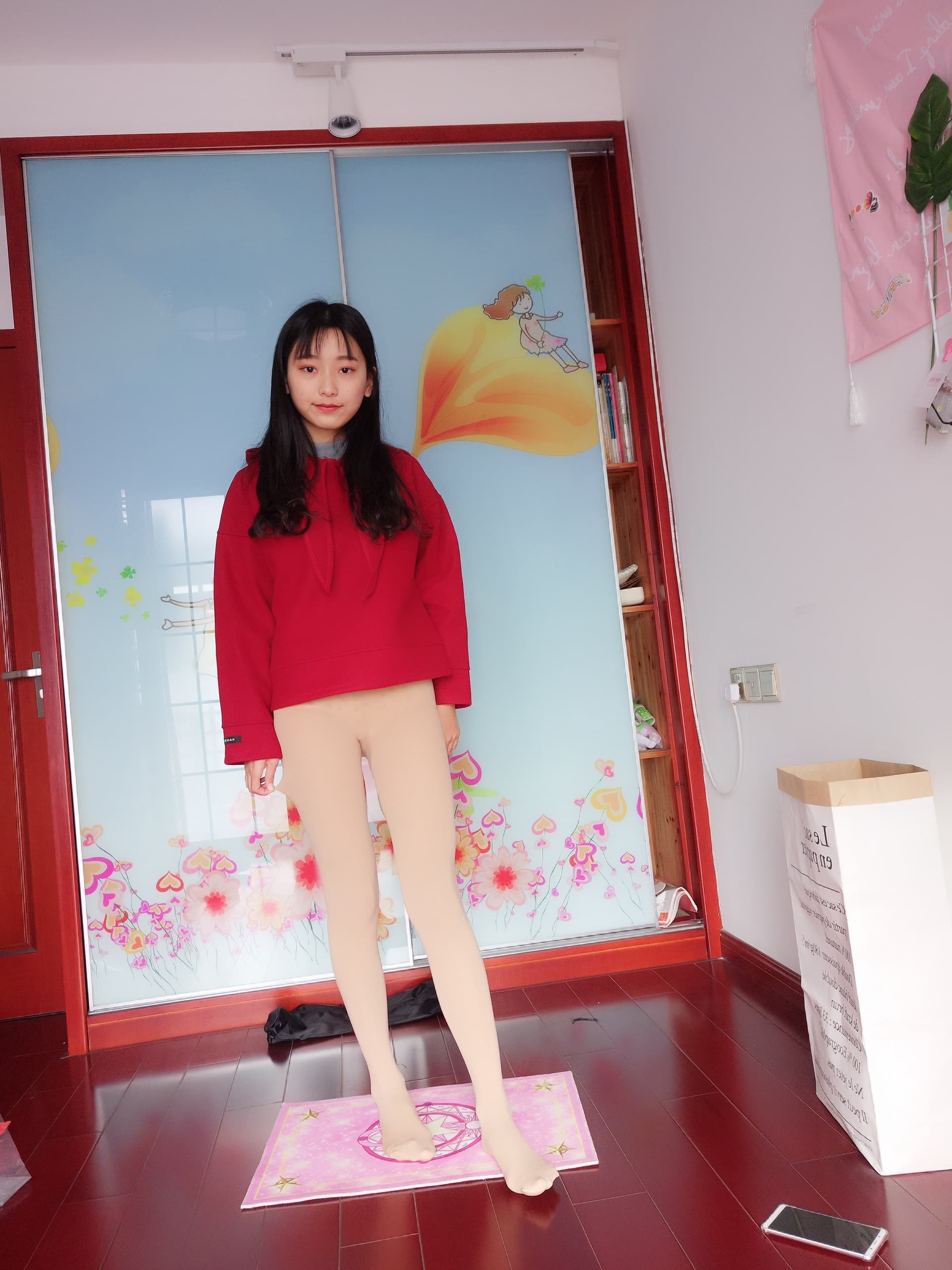 Red dress with sheer tights