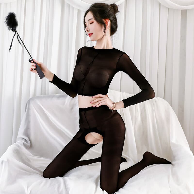 High-neck Long Sleeve Shemale Bodysuit, Two-piece Transparent Lingerie Set, Full-body Pantyhose, Black, One Size Fits All