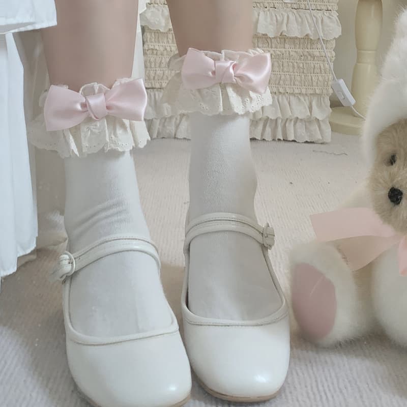 Colorful Lolita Socks for Women, Spring Butterfly Bow, Summer Short Socks, Lolita Lace Edge Cotton Socks, Sweet Style