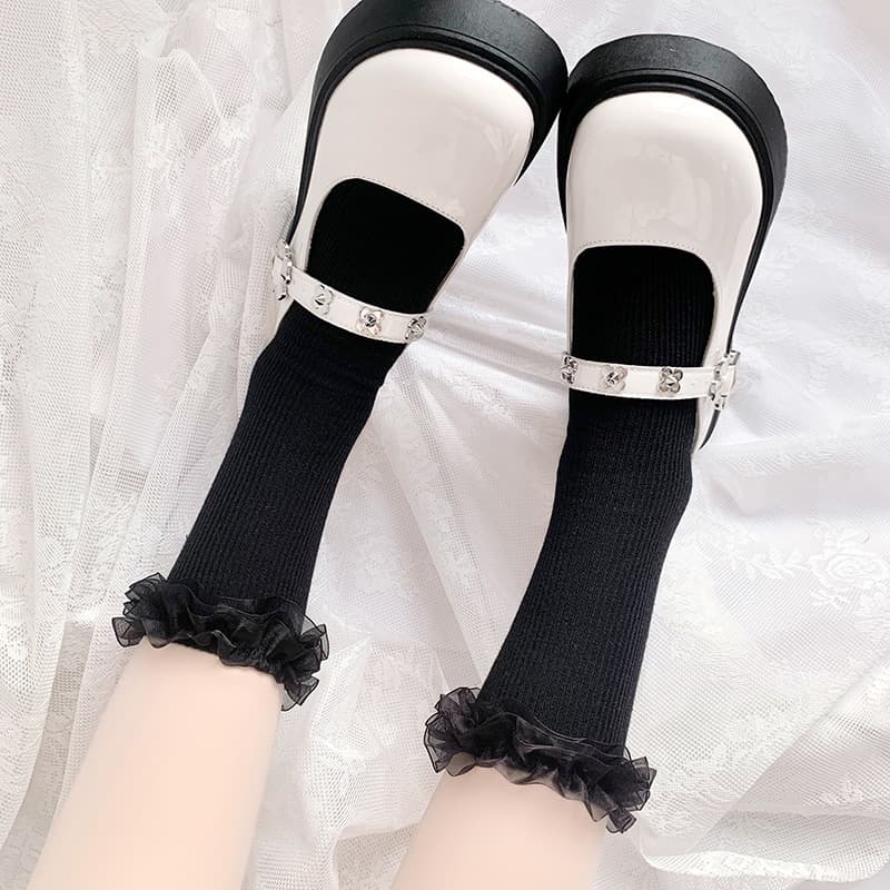 White Lace Edge Socks for Women, Summer Mid-calf Socks, Lolita Pure Cotton Dotted Mid-calf Socks, Cute College Style, Black Short Socks