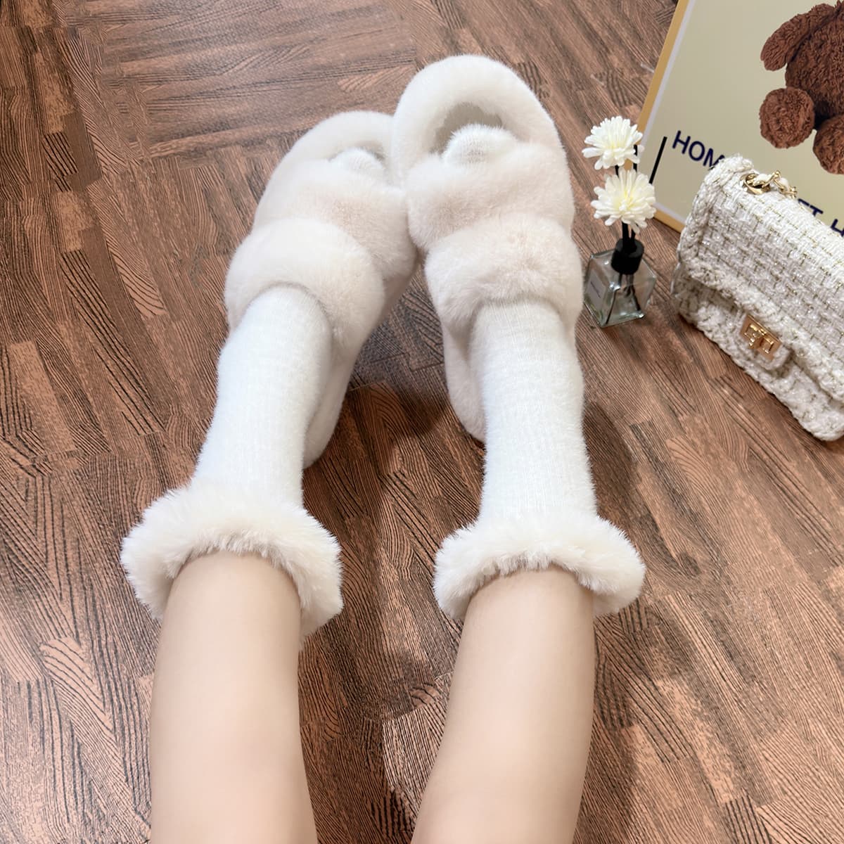 White Fleece Socks for Winter, Warm and Thick, Cute JK Mid-calf Floor Socks with Pom-poms, Lolita Style