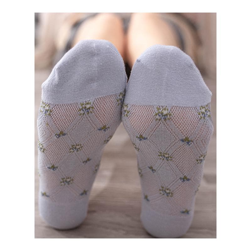 Combed Cotton Mesh Breathable Socks for Women, Spring/Summer Thin Floral Jacquard Low-cut Boat Socks