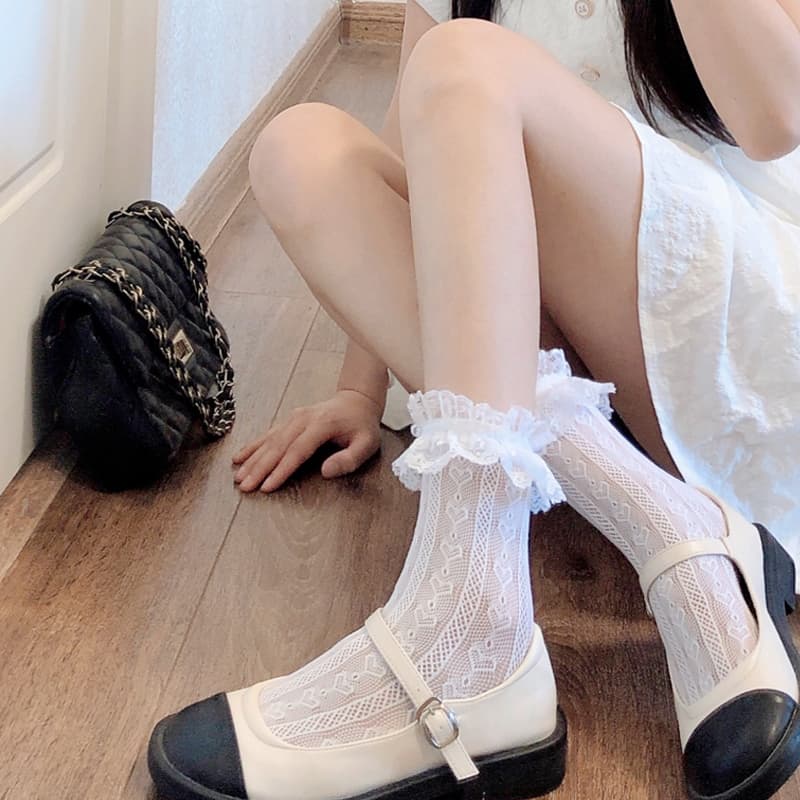 JK White Sheer Knee-high Socks for Women, Spring/Summer Thin Sweet Lace Trimmed Socks, Milk White Color