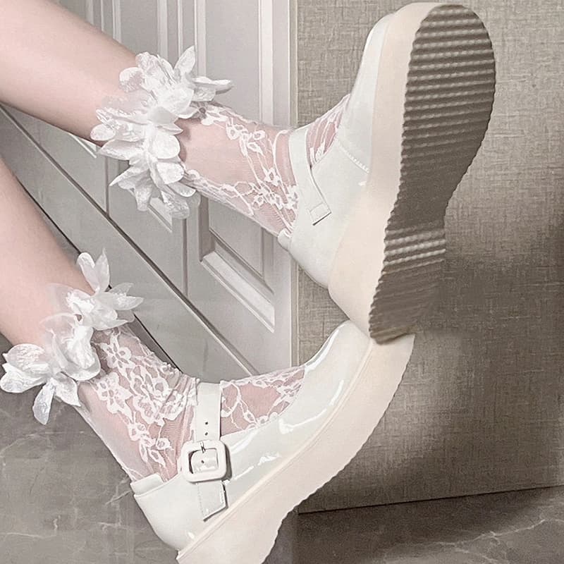 JK Pure White Short Knee-high Lace Glass Lolita Socks for Women, Ultra-thin Spring/Summer Style