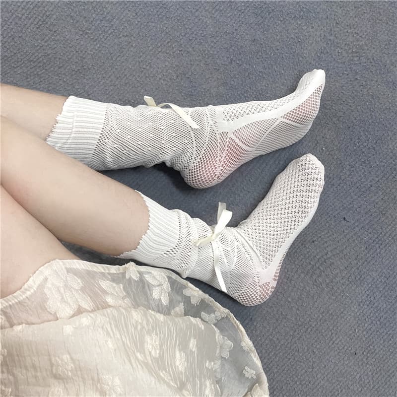 Butterfly Bow Mid-calf Socks with Ballet Style, Sweet Thin Hollow Mesh Calf Socks, Dotted Socks