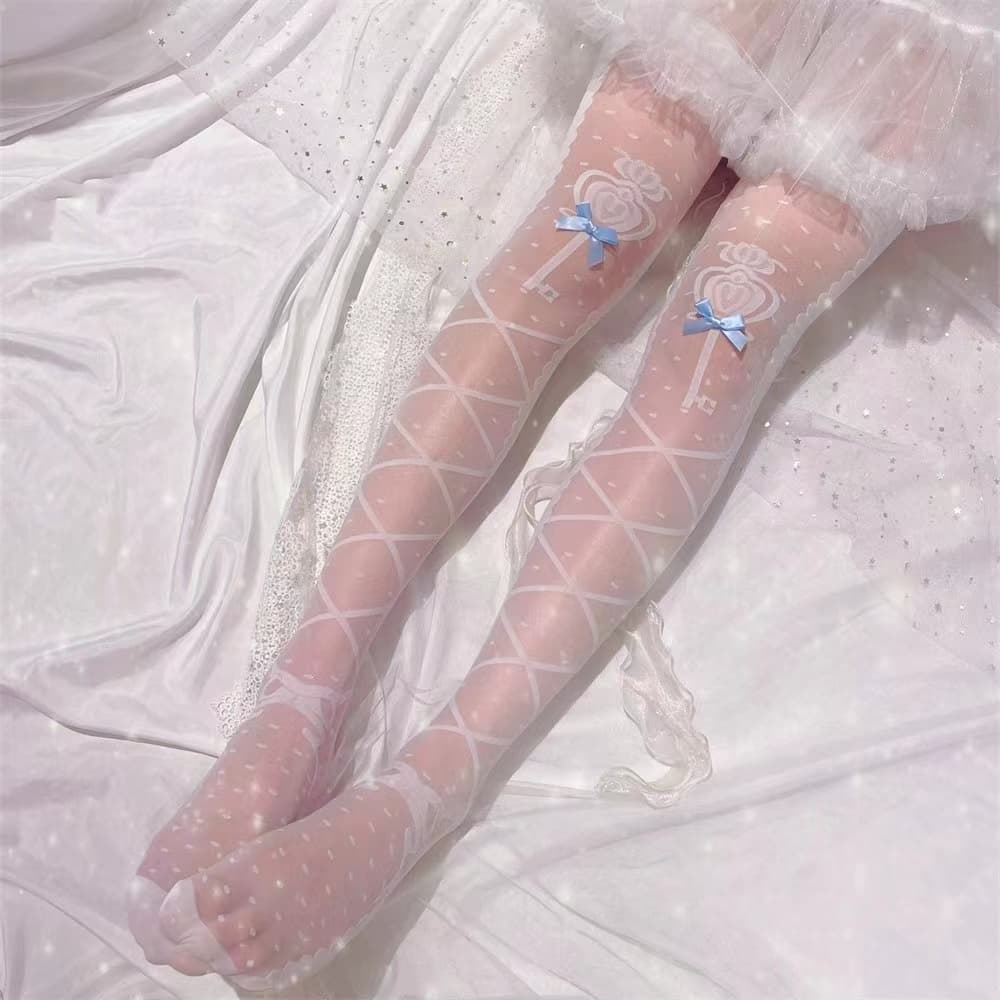 Lolita Ultra-thin Lace-Trimmed Over-the-Knee Socks for Petite Women, Sweet Bow Design, Japanese Style