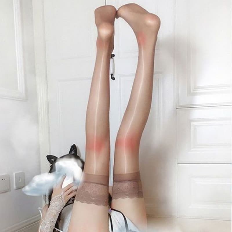 Best-selling Oil Glossy Thigh High Socks, Silicone Non-slip Lace Trim for Over-the-Knee, Elegant Peacock Feather Design