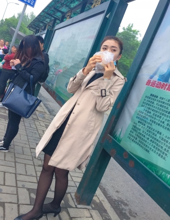 Black Pantyhose Lady Waiting at the Bus Stop