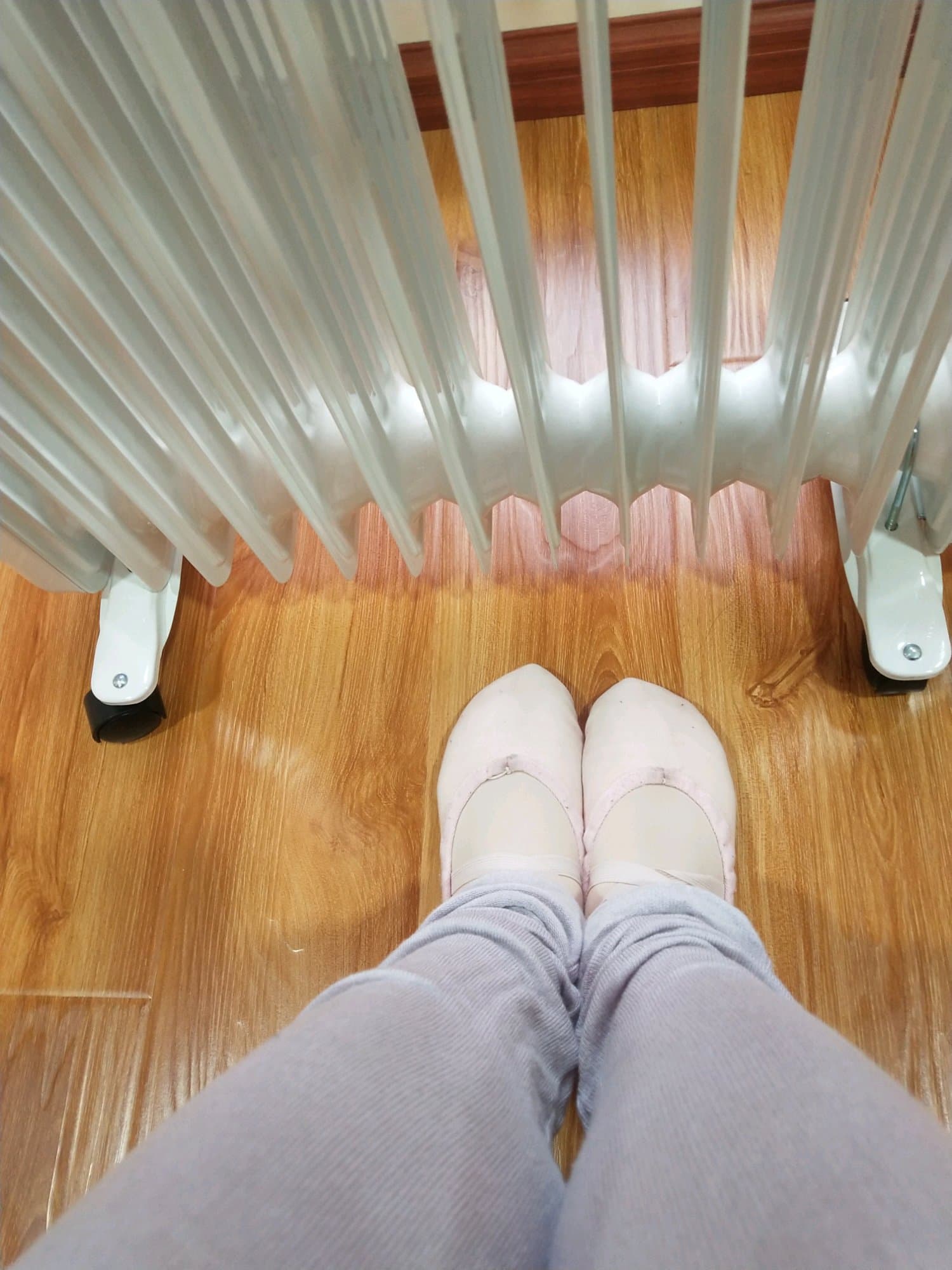 Leg warmers slouched over calves with white stockings beneath, toes peeking from sheer nylon.