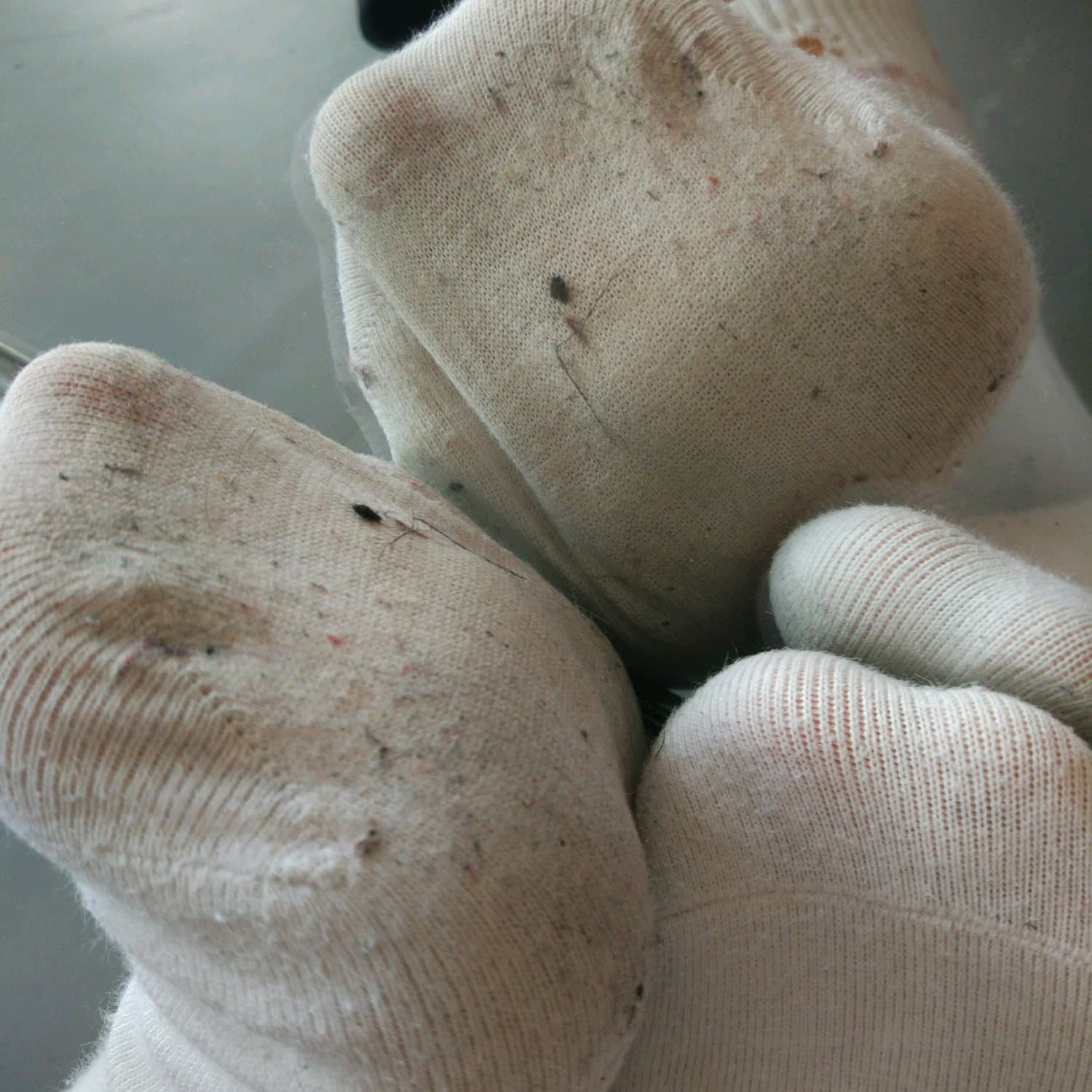 Bare feet on polished studio floor with faint stocking lines, toes spread mid-pose, reflective mirror in background
