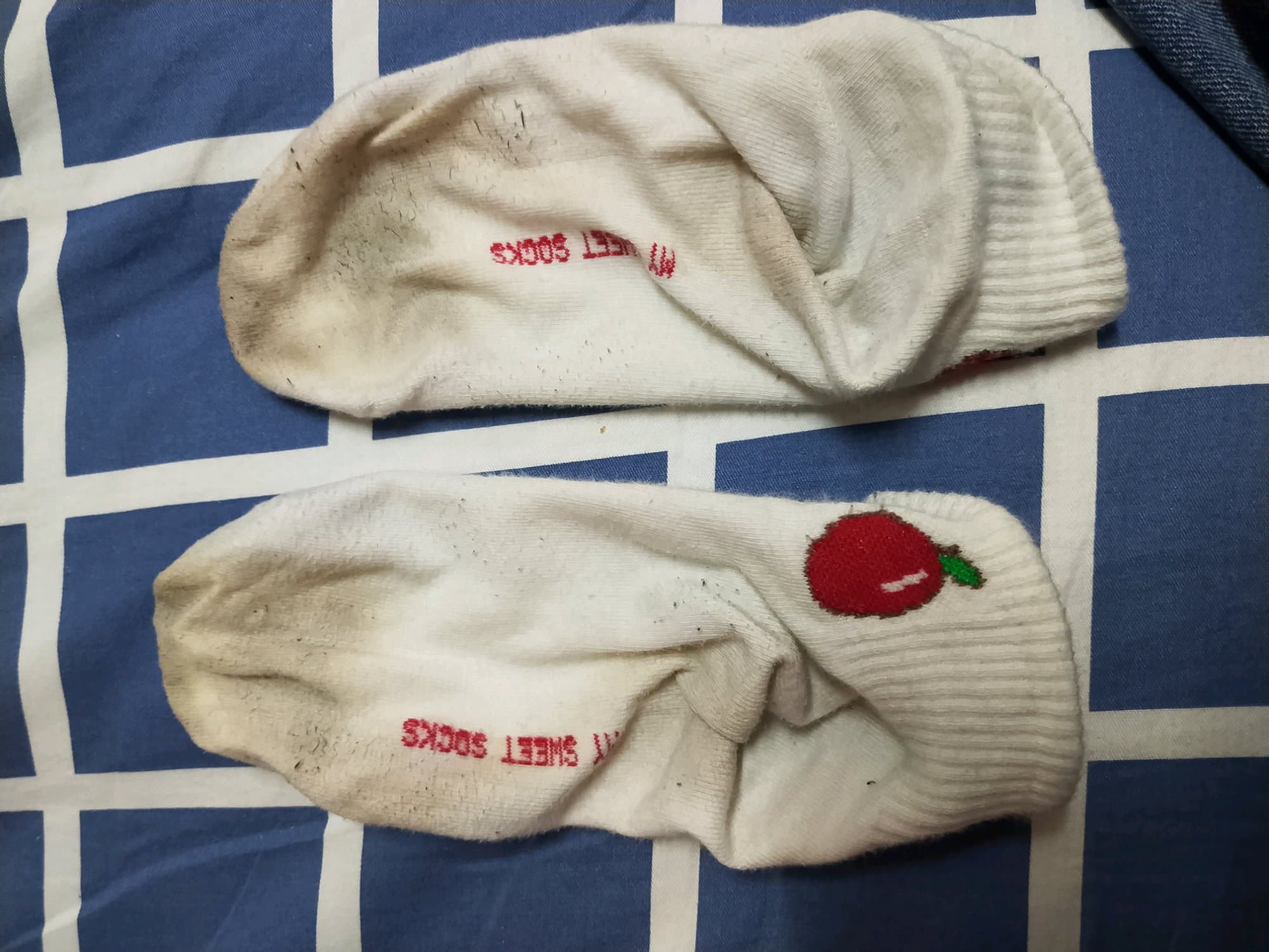 Series of photos featuring legs in sports pants with white sneakers and ankle socks peeking out, some socks showing wear and creases.